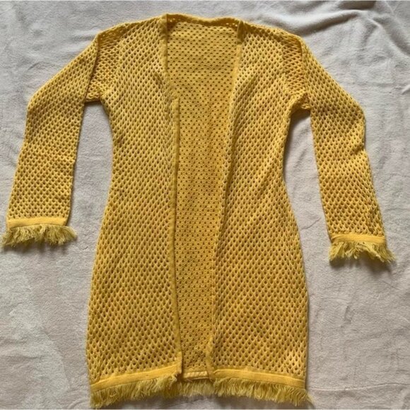 Yellow Knitted Long Open Front Cardigan Sweater w Tassels - Picture 1 of 3